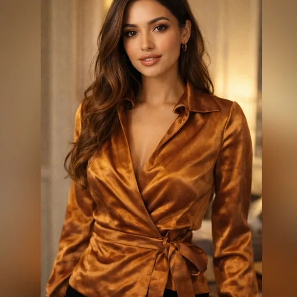 Chic Copper Satin Wrap Dress - Picture 1 of 5